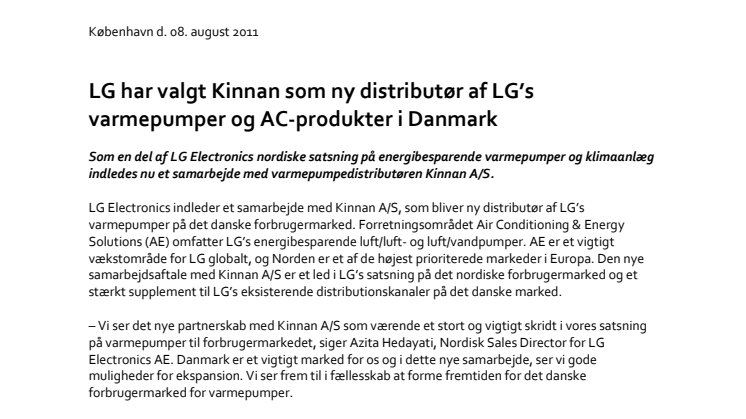 LG har valgt Kinnan som ny distributør af LG’s varmepumper og AC-produkter i Danmark