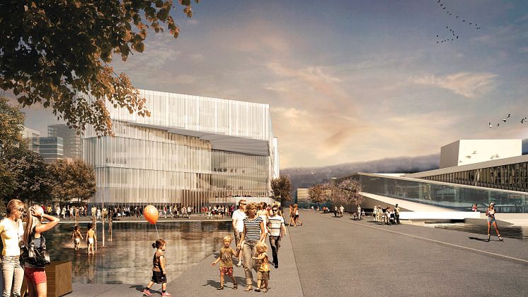 Illustrasjon av Deichman Bjørvika med utsikt fra vest mot Operaallmenningen. Kreditering: Lund Hagem Arkitekter/ Atelier Oslo