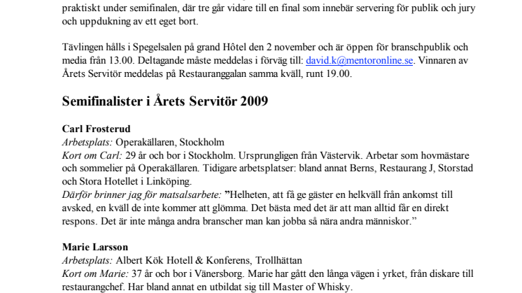Semifinalisterna i tävlingen Årets Servitör klara
