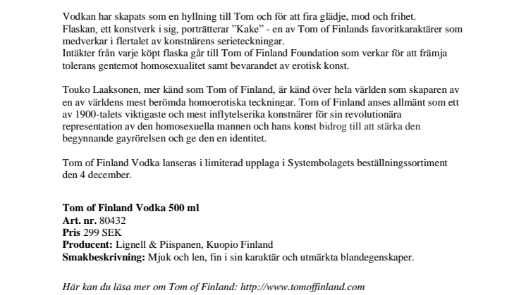 Tom of Finland lanserar ekologisk vodka