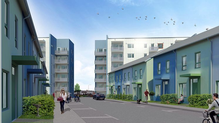 Radhuslängor i kvarteret Katthult, Gyllins trädgård. Visionsbild: Peab