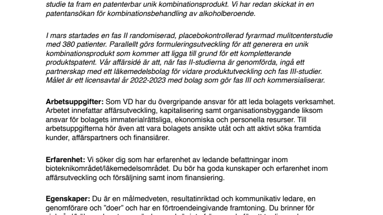 GU Ventures Fas II bolag söker affärsinriktad VD med erfarenhet av läkemedelsutveckling