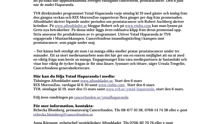 Ystad Haparanda - Ett steg i taget startar i dag: Stort mediesamarbete ska öka medvetenheten om Sveriges vanligaste cancerform