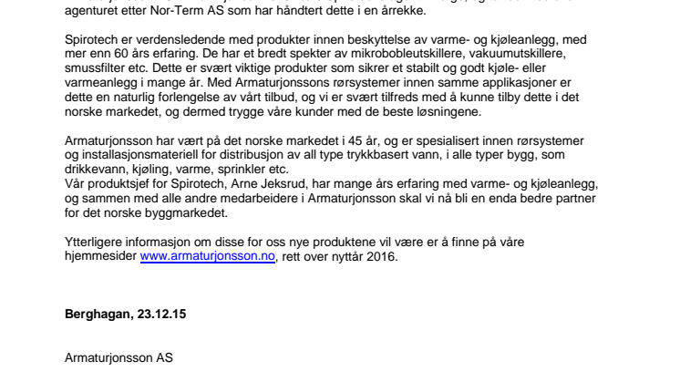 Armaturjonsson AS blir Spirotechs agent i Norge
