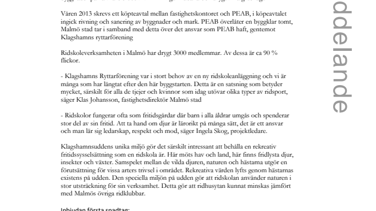 Pressinbjudan; Spadtag för ny ridskoleanläggning på Klagshamsudden