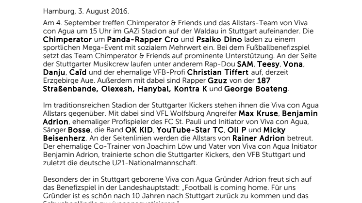 Cro fordert die Viva con Agua Allstars am 4. September im „Wohnzimmer“ der Stuttgarter Kickers heraus