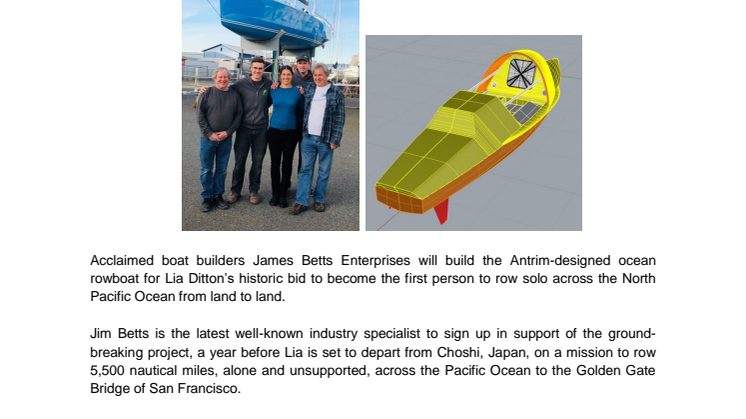 Boat Builder Jim Betts is Announced as Latest Renowned Name to Back Ocean Rower Lia Ditton in Solo Pacific Challenge