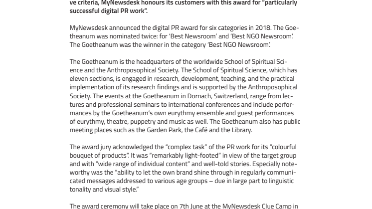 «Remarkably Light-Footed». ​The Goetheanum receives Digital PR-Award ‹Best NGO Newsroom›