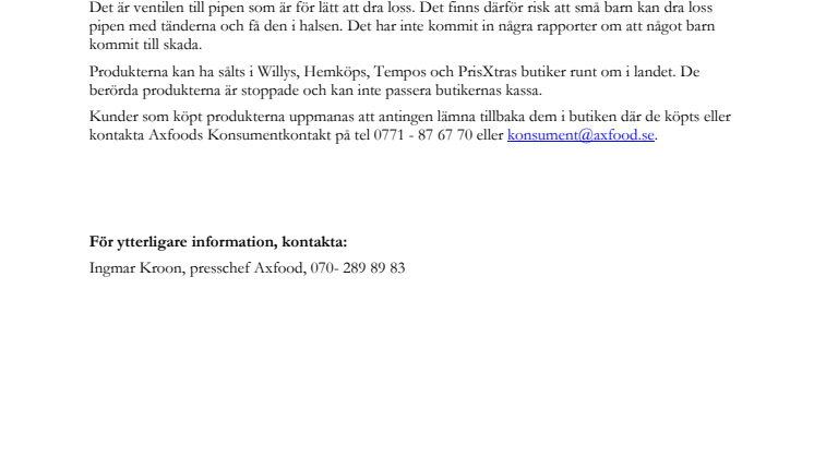 Axfood återkallar vattenflaska med kylrör