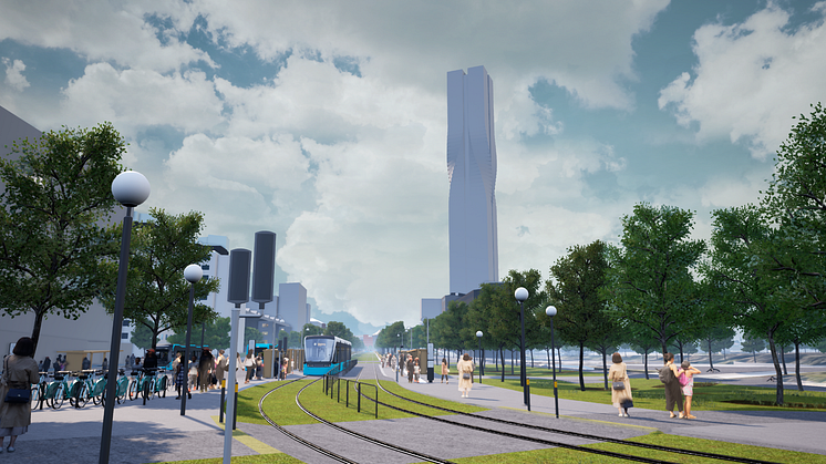 Visionsbild över framtida spårvagnshållplats Pumpgatan