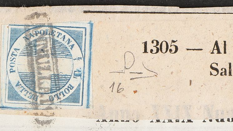 Naples. 1860. CROSS OF SAVOY, 1:2 tornese, blue. Beautiful and flawlesscopy with large margins on wrapper on complete newspaper "L'Omnibus" dated.jpeg