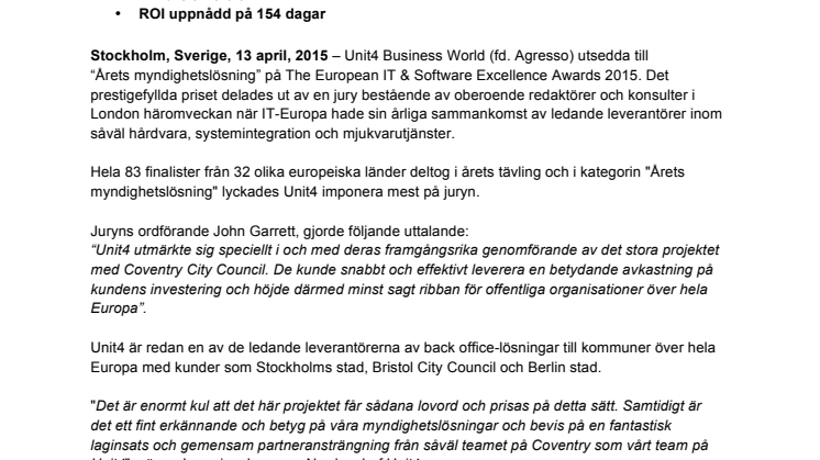 Unit4 Business World vinner europeiskt ERP-pris 