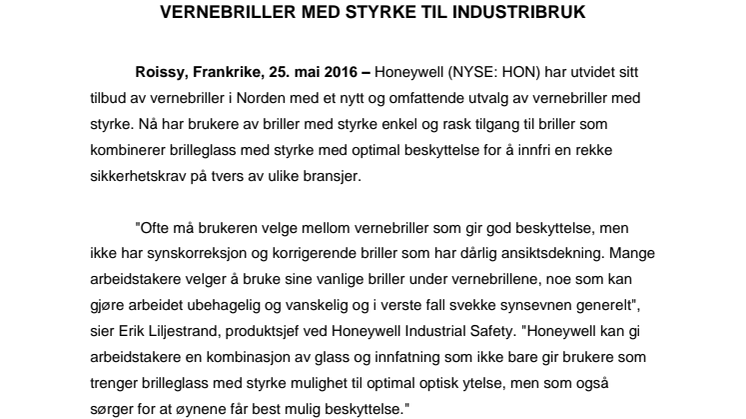 Honeywell lanserer omfattende utvalg av vernebriller med styrke til industribruk