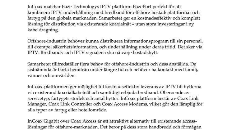 InCoax Networks tecknar samarbetsavtal med Baze Technology