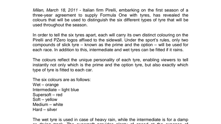 Pirelli Formula 1 press release in English, tyre colors