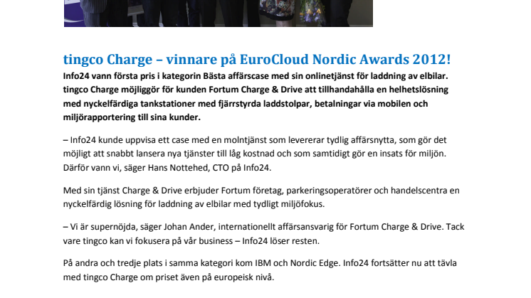 tingco Charge – vinnare på EuroCloud Nordic Awards 2012!