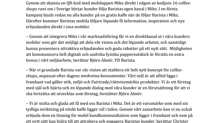 Barista bjuder alla svenskar på kaffe i mobilmarknadsföringstjänsten Mikz 