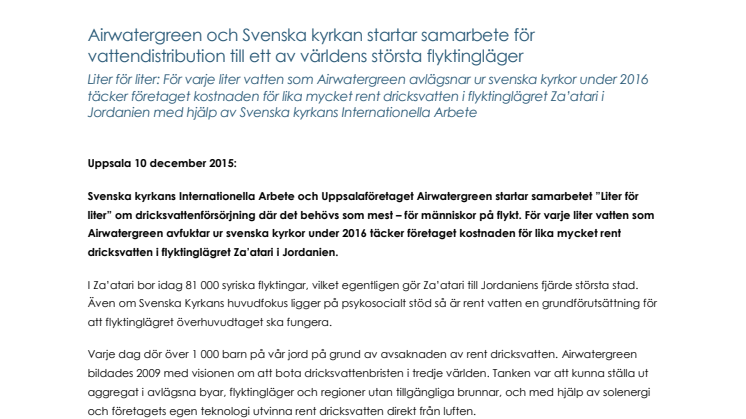 AIRWATERGREEN OCH SVENSKA KYRKAN STARTAR SAMARBETE FÖR VATTENDISTRIBUTION TILL ETT AV VÄRLDENS STÖRSTA FLYKTINGLÄGER