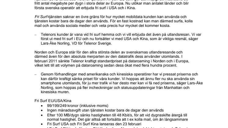 Telenor först med fri surf i USA och Kina