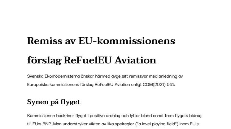 Svenska Ekomodernisternas remissvar av EU-kommissionens förslag ReFuelEU Aviation