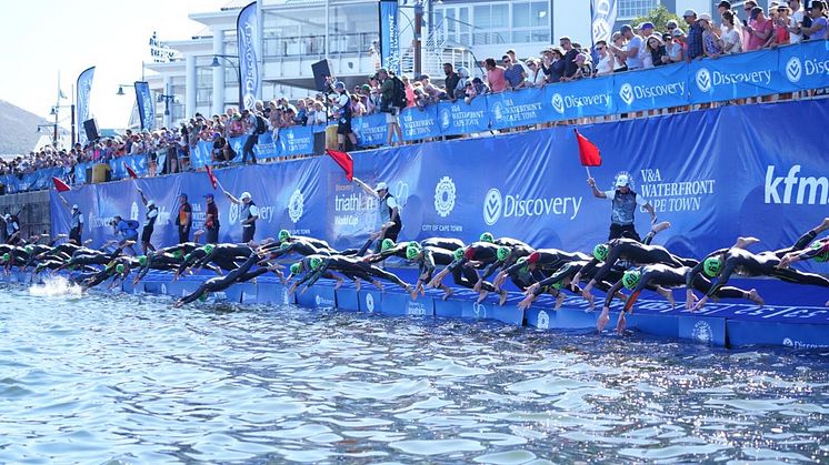Elite triathletes take to the water at the 2019 Discovery Triathlon World Cup Cape Town