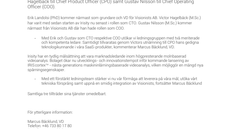 Irisity förstärker management med ny CTO och COO samt utser en CPO.