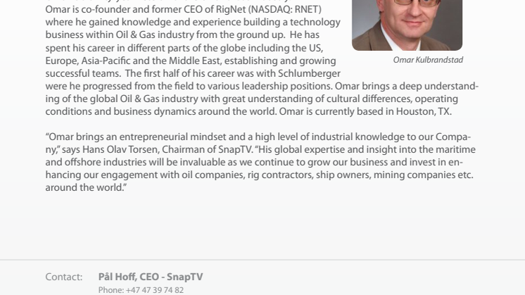 Omar Kulbrandstad joins SnapTV Board