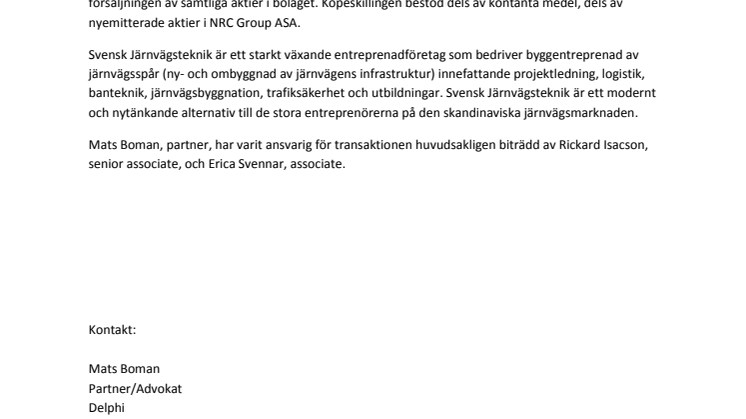 Delphi rådgivare vid försäljningen av Svensk Järnvägsteknik AB