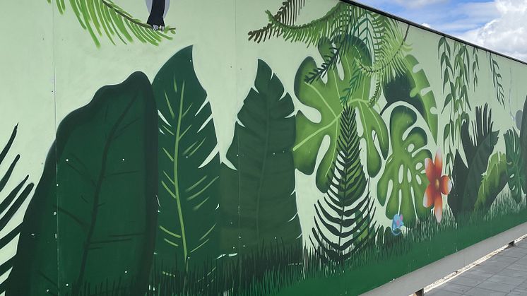 Närbild muralmålning på plank Haninge