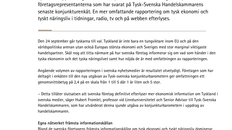 Tysk-svenska konjunkturbarometern maj 2017: Svenska medier rapporterar för lite om tysk ekonomi och näringsliv