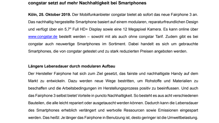 Fairphone 3 und neuwertige Smartphones bei congstar erhältlich