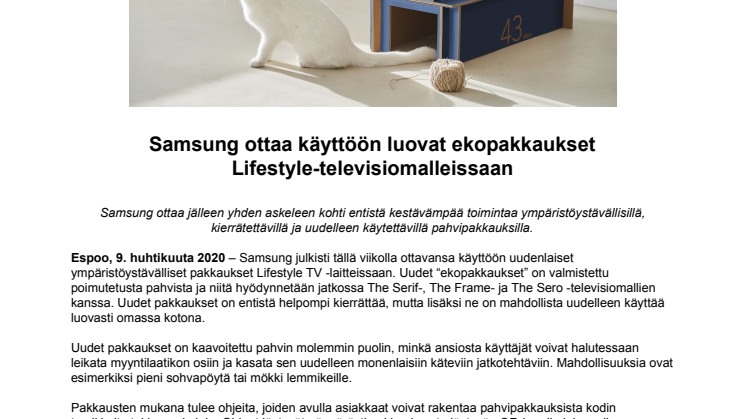 Samsung ottaa käyttöön luovat ekopakkaukset Lifestyle-televisiomalleissaan