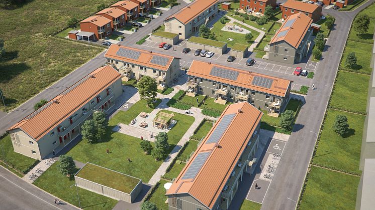 Översiktsillustration av det nya BoKlok-kvarteret på Telestadshöjden i Växjö. 