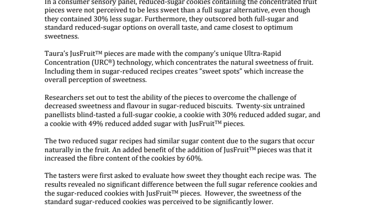Consumers prefer taste and sweetness of reduced-sugar cookies with Taura’s JusFruitTM pieces