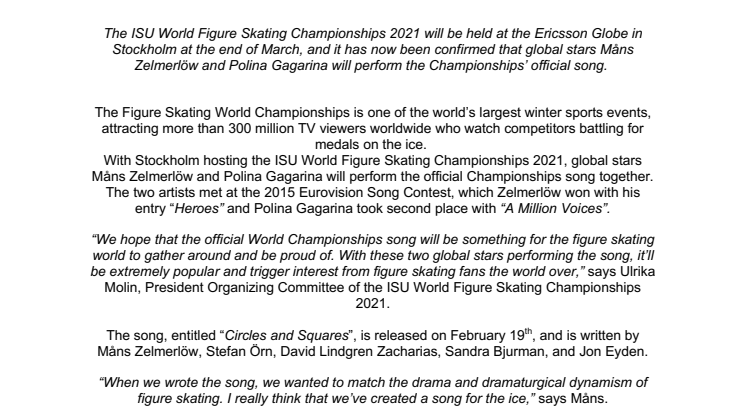 ​Måns Zelmerlöw och ryska artisten Polina Gagarina gör den officiella låten för VM i konståkning