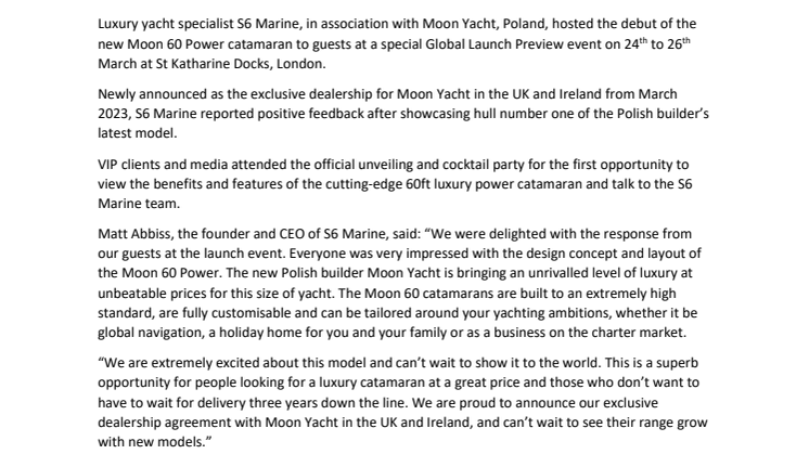 Press Release - Moon Yacht’s UK Distributor S6 Marine Hosts London Debut of New Moon 60 Power Catamaran.pdf