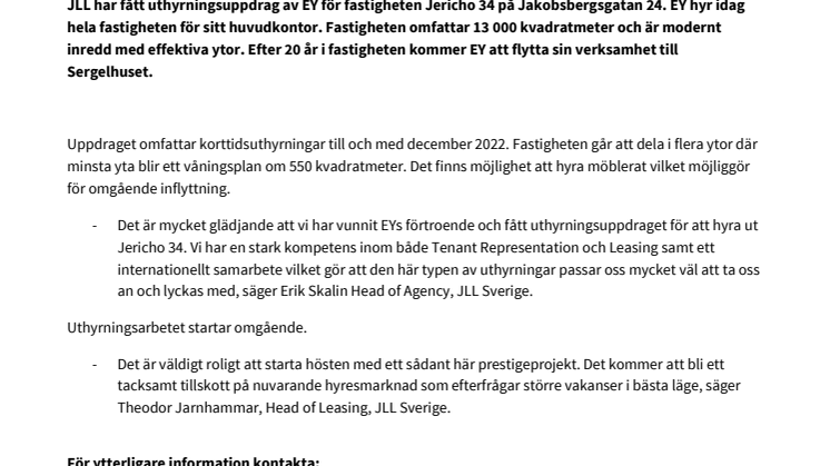 JLL vinner stort uthyrningsuppdrag i Stockholm city 