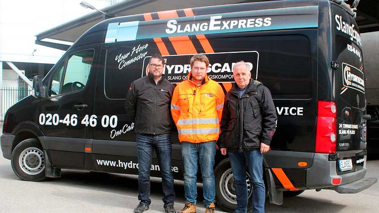 Foto fr. v. Patrik Nygårds, Alexander Fammé (servicetekniker SlangExpress Borlänge), Leif Clevesjö (konceptansvarig för SlangExpress)