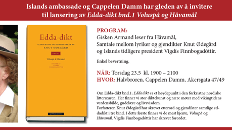 Vigdís Finnbogadóttir og Knut Ødegård i samtale om ny gjendiktning av Edda-dikt