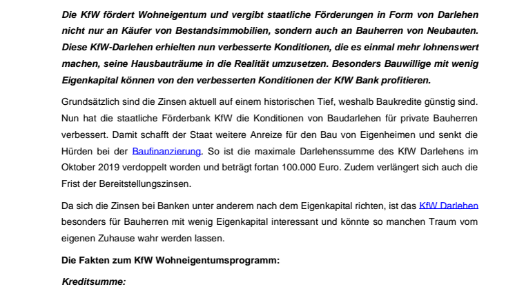Bessere Konditionen für staatliche Baudarlehen – Förderbank KfW erleichtert den Bau von Eigenheimen