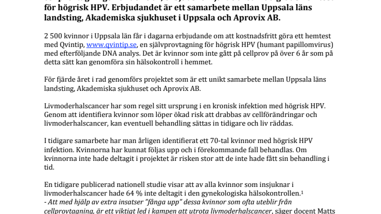 Kvinnor i Uppsala erbjuds gratis hemtest för HPV – ett led i kampen mot livmoderhalscancer
