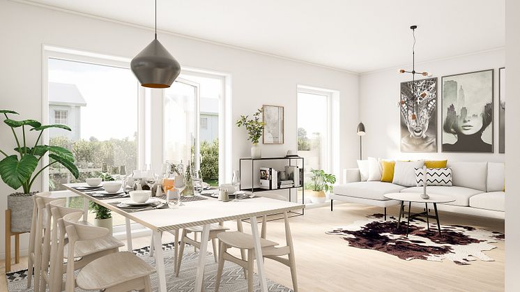 3D Illustration över vardagsrummet - Brf Magasinet