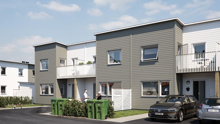 Illustration av entrésida med uppfart, förstukvist & balkong, BoKlok Neptunus i Fullerö hage, Uppsala. 