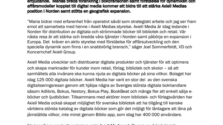 Axiell Media förstärker styrelsen med bokbranschprofilen Maria Hamrefors
