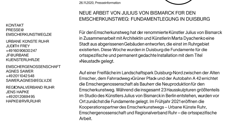 NEUE ARBEIT VON JULIUS VON BISMARCK FÜR DEN EMSCHERKUNSTWEG: FUNDAMENTLEGUNG IN DUISBURG