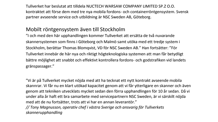 NSC Sweden AB vann Tullverkets upphandling om mobila röntgenutrustningar för fordons- och containerröntgen