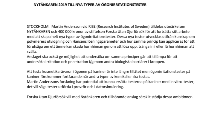 Nytänkaren 2019 till nya typer av ögonirritationstester