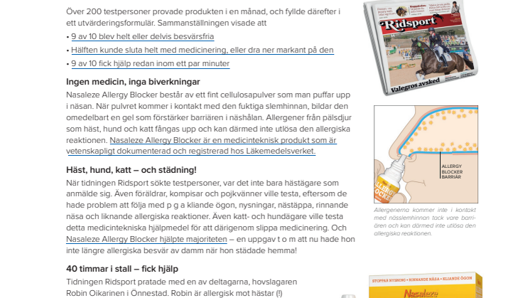 9 av 10 pälsallergiker får hjälp av näspulver.