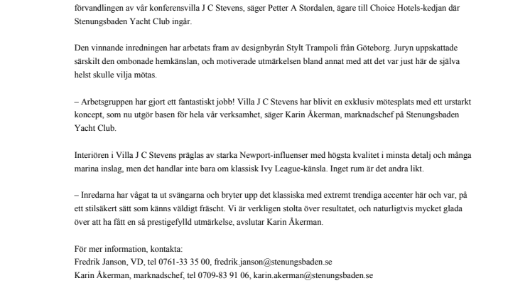 Stenungsbaden Yacht Club blev Årets Designhotell i Europa