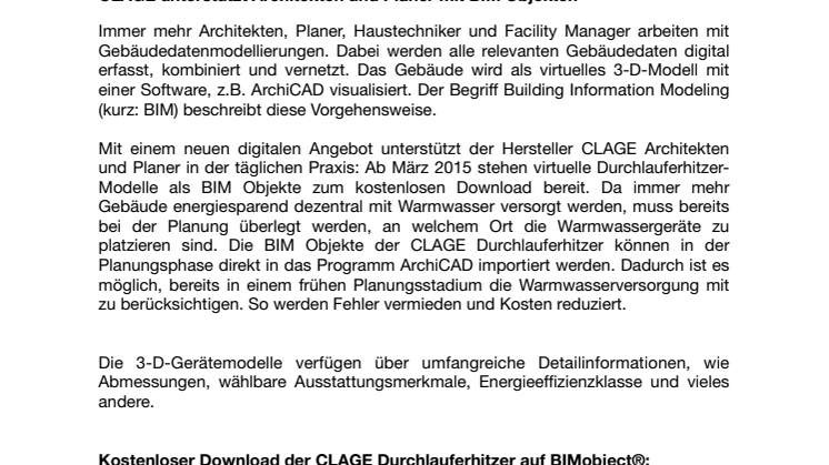 CLAGE unterstützt Architekten und Planer mit BIM Objekten